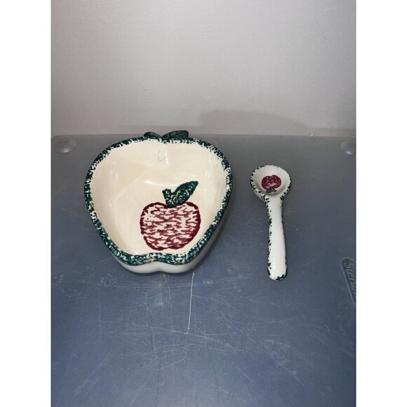Ceramic Apple Bowl w/Spoon Condiment Serving Dish Spongeware Green & Red - Picture 2 of 8